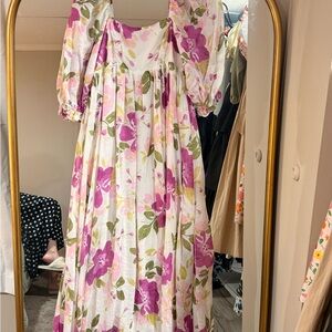 Storia White Maxi Dress with Pink Floral Print and Green Leaves